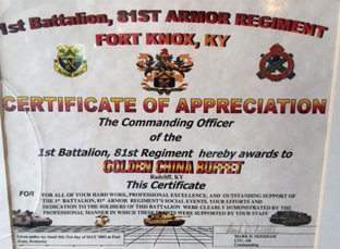 Certificate of Appreciation from the 1st Battalion, 81st Regiment